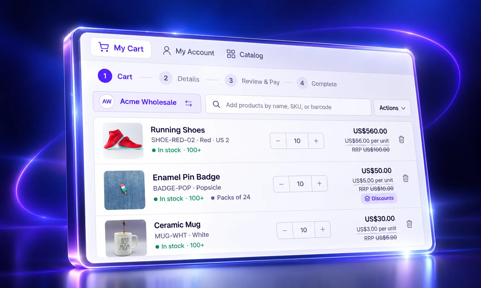 The redesigned My Cart: search by name, SKU or barcode, each line with its stock, pack size and price, and the four steps to checkout