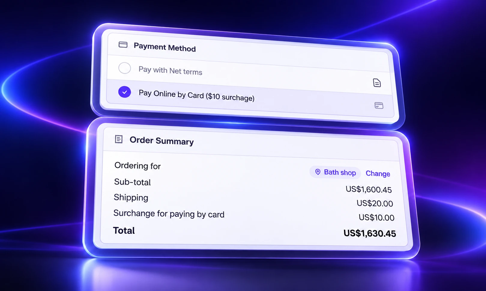 Payment method rules at checkout: pay with net terms, or pay by card with a $10 surcharge, added to the Bath shop order summary