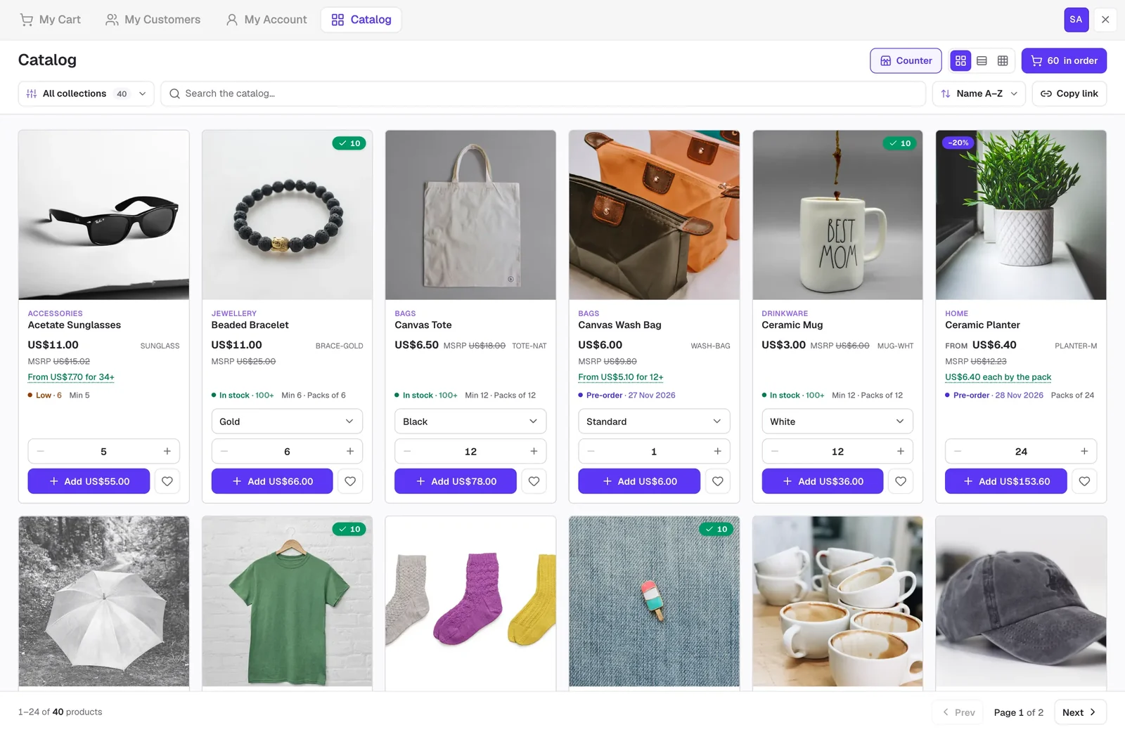 Quick Buy: the whole range on one screen, with each customer's prices, pack sizes and stock