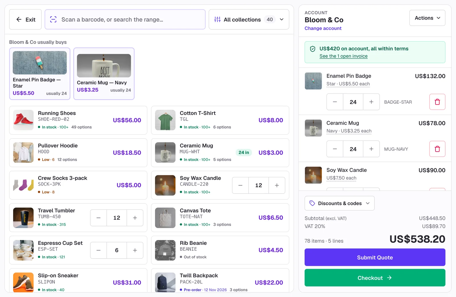 The SparkLayer counter: scan or search the range for the account, what they usually buy, their credit position and the order building up at their prices.